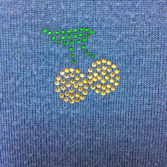 Medium Blue Sweater Jeweled with Golden Cherries - Picture 3 of 4